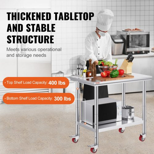 VEVOR Stainless Steel Kitchen Work 36x24 in Heavy Duty Table with Casters