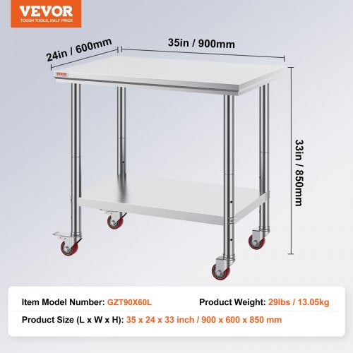 VEVOR Stainless Steel Kitchen Work 36x24 in Heavy Duty Table with Casters