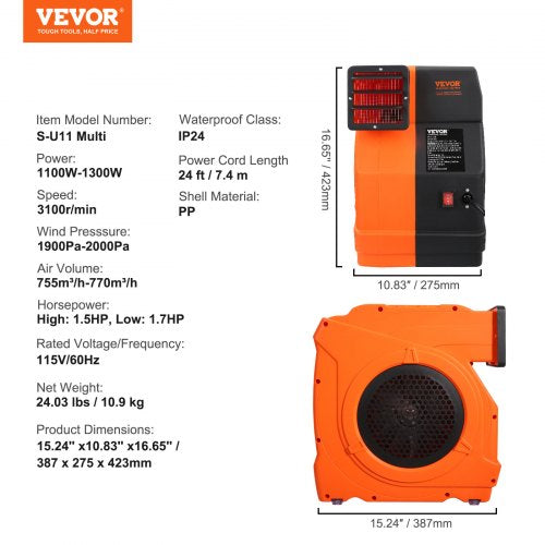 VEVOR 1100W Inflatable Blower Electric Fan 1.5 and 1.7 HP for Bouncy Castles Waterslides