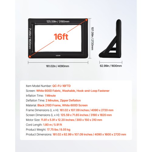 VEVOR 16 ft Inflatable Projection Screen with Portable Storage Bag for Movies