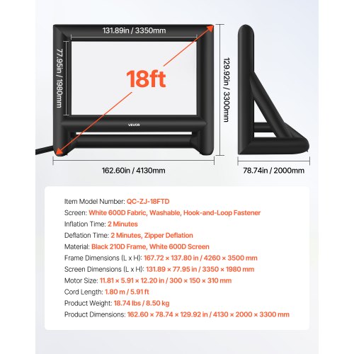 VEVOR 18 ft Inflatable Projection Screen with Portable Storage Bag for Movies