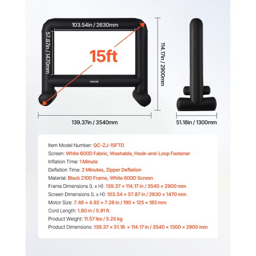 VEVOR 15 ft Inflatable Projection Screen with Portable Storage Bag for Movies