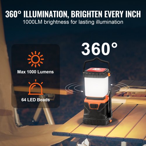 VEVOR Battery Powered LED Camping Lantern 1000LM 360° Light for Hiking, Fishing
