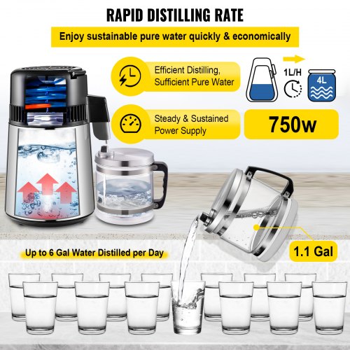 VEVOR Stainless Steel Water Distiller 1.1 Gal 0.3 Gal/H 750W Countertop