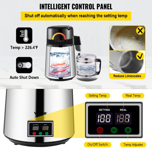 VEVOR Stainless Steel Water Distiller 1.1 Gal 0.3 Gal/H 750W Countertop