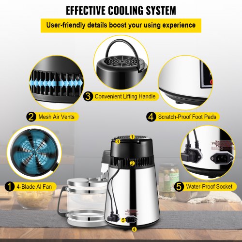 VEVOR Stainless Steel Water Distiller 1.1 Gal 0.3 Gal/H 750W Countertop