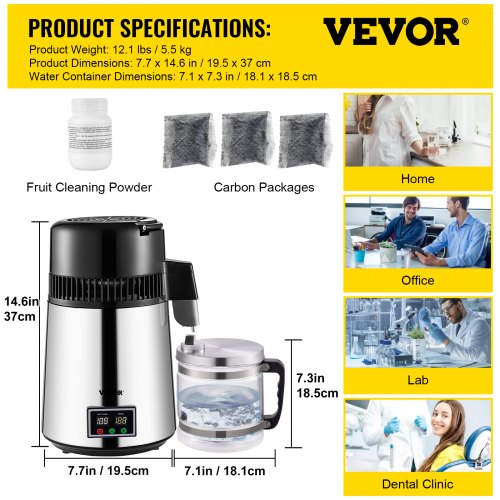 VEVOR Stainless Steel Water Distiller 1.1 Gal 0.3 Gal/H 750W Countertop