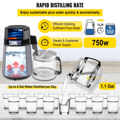 VEVOR 4L Distilled Water Machine 0.88 Gal Countertop Water Distiller - Grey