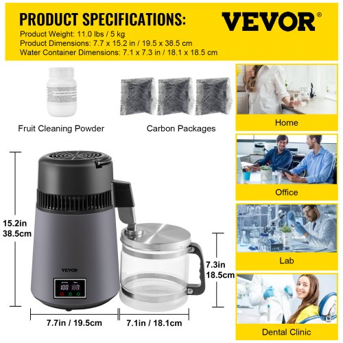 VEVOR 4L Distilled Water Machine 0.88 Gal Countertop Water Distiller - Grey