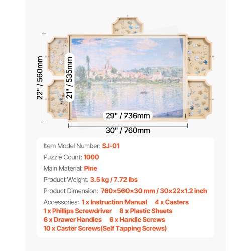 VEVOR 1000 Piece Rotating Puzzle Board 74x53cm with 5 Drawers and Cover