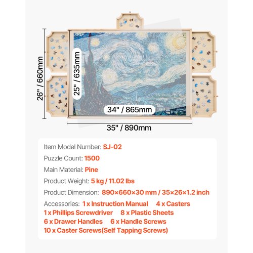 VEVOR 1500 Piece Rotating Puzzle Board 86x63 cm with 5 Drawers and Cover