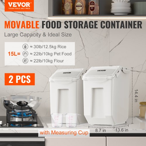 VEVOR 2 Pcs Ingredient Storage Bin 15L Kitchen Rice Cereal Flour Dog Food