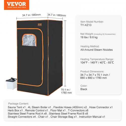 VEVOR Portable Steam Sauna Tent Full Size 2000W with Remote Chair - Black