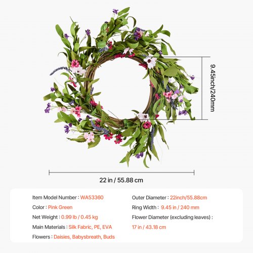 VEVOR Artificial Decorative Wreath 55.88 cm Daisies Buds for Home Decor