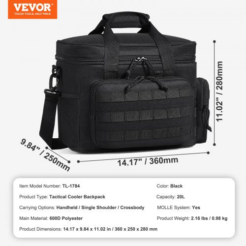 VEVOR 20L Insulated Cooler Bag Lunch Box with Molle Design Multi-Pocket - Black