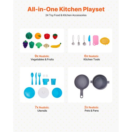 VEVOR Kids Wooden Play Kitchen Set with Lights Sounds Oven, Microwave, Fridge