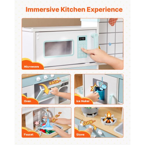 VEVOR Kids Wooden Play Kitchen Set with Lights Sounds Oven, Microwave, Fridge