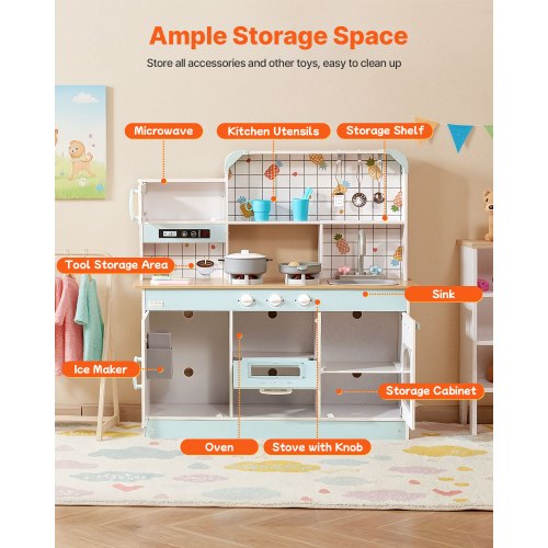 VEVOR Kids Wooden Play Kitchen Set with Lights Sounds Oven, Microwave, Fridge