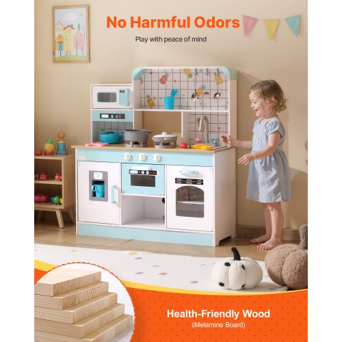 VEVOR Kids Wooden Play Kitchen Set with Lights Sounds Oven, Microwave, Fridge