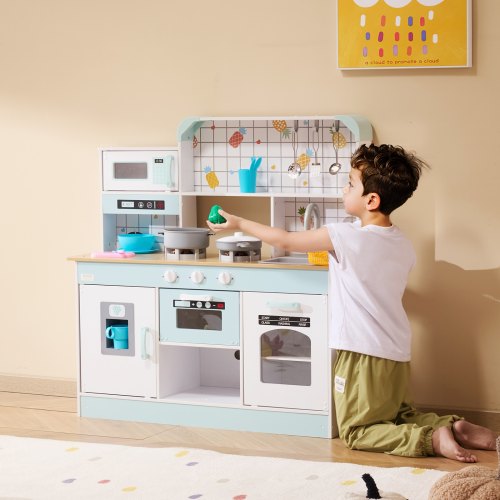 VEVOR Kids Wooden Play Kitchen Set with Lights Sounds Oven, Microwave, Fridge