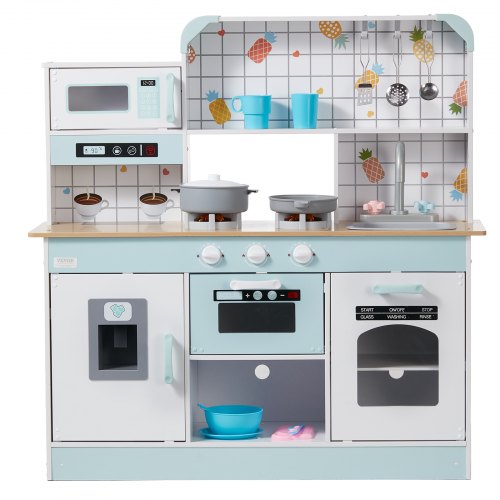 VEVOR Kids Wooden Play Kitchen Set with Lights Sounds Oven, Microwave, Fridge